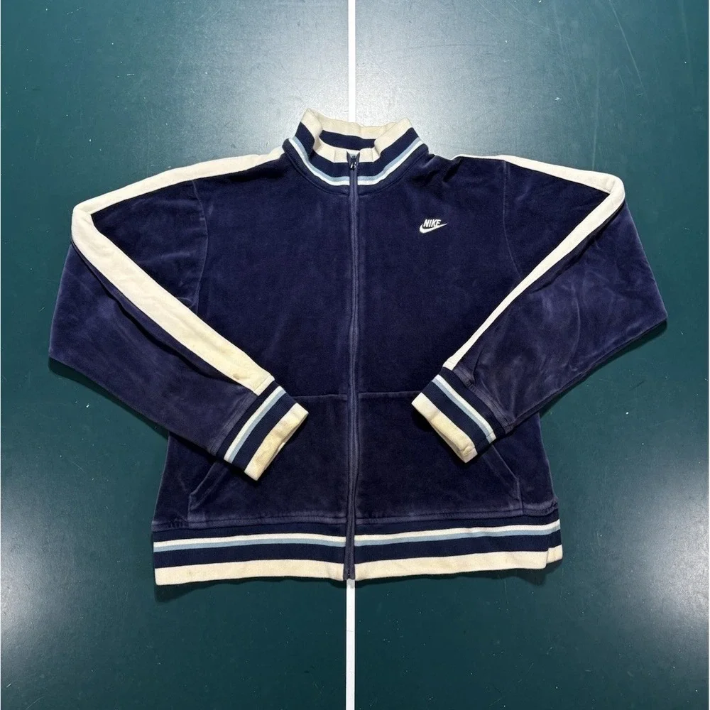 Vintage Nike Velour Tracksuit Womens M Blue Striped Jacket Pants Set Velvet Y2K